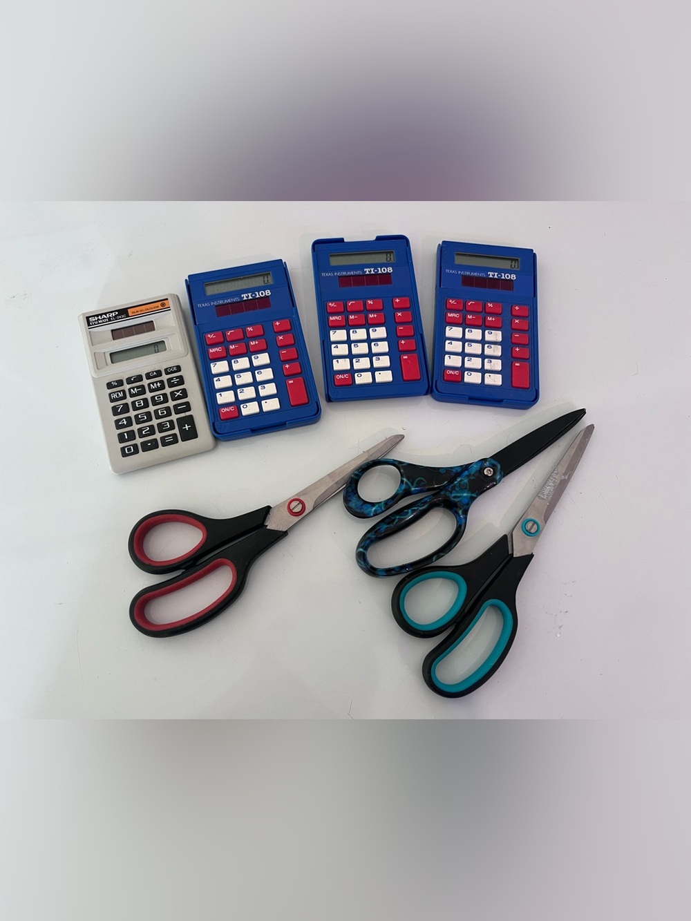 Kids School Supplies Bundle: 3 Scissors + 4 Calculators (TI-108, Sharp)